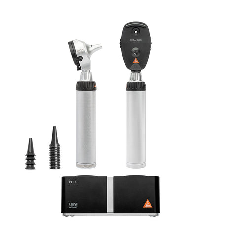 HEINE BETA 200 LED Diagnostic Set: BETA 200 Ophthalmoscope, BETA 200 Otoscope, (2) BETA4 NT Handles, NT4 Table Charger. MPN: A-132.24.422