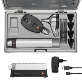 HEINE BETA 200 LED Diagnostic Set: BETA 200 LED Ophthalmoscope, BETA 200 LED Fiber Optic Otoscope, BETA4 USB Rechargeable Handle, USB Cord, Power Supply. MPN: A-132.28.388