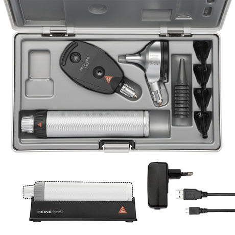 HEINE BETA 200 LED Diagnostic Set: BETA 200 LED Ophthalmoscope, BETA 200 LED Fiber Optic Otoscope, BETA4 USB Rechargeable Handle, USB Cord, Power Supply. MPN: A-132.28.388