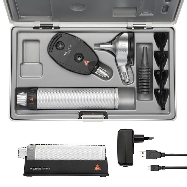 HEINE BETA 200 LED Diagnostic Set: BETA 200 LED Ophthalmoscope, BETA 200 LED Fiber Optic Otoscope, BETA4 USB Rechargeable Handle, USB Cord, Power Supply. MPN: A-132.28.388