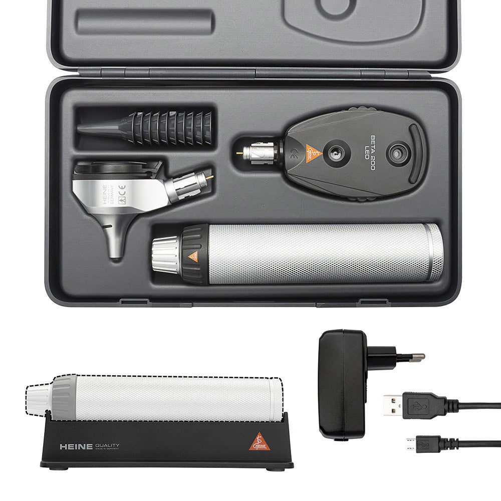 HEINE BETA LED Diagnostic Set: BETA 200 LED Ophthalmoscope, BETA 400 LED Fiber Optic Otoscope, BETA4 USB Rechargeable Handle, USB Cord, Power Supply. MPN: A-153.28.388