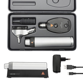 HEINE BETA LED Diagnostic Set: BETA 200 LED Ophthalmoscope, BETA 400 LED Fiber Optic Otoscope, BETA4 USB Rechargeable Handle, USB Cord, Power Supply. MPN: A-153.28.388