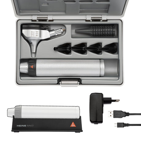 HEINE BETA 200 LED Otoscope Set: BETA 200 Fiber Optic LED Otoscope, BETA4 USB Rechargeable Handle, USB cord, Plug-In Power Supply, Case. MPN: B-141.28.388