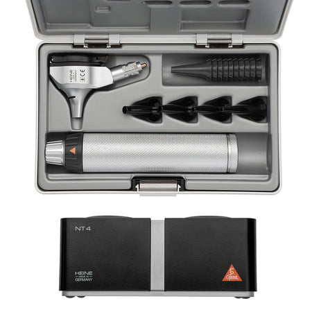 HEINE BETA 400 LED Fiber Optic Otoscope Set: BETA 4 NT Rechargeable Handle, NT 4 Table Charger, Hard Case. MPN: B-143.24.420