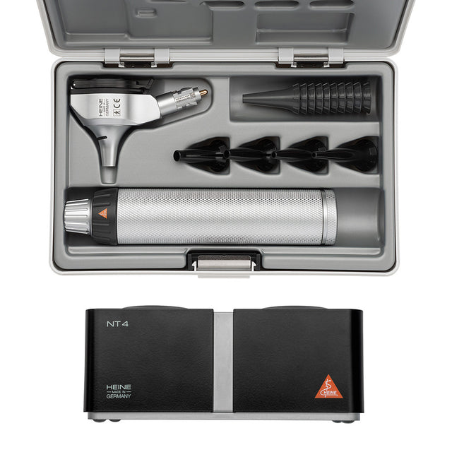 HEINE BETA 400 LED Fiber Optic Otoscope Set: BETA 4 NT Rechargeable Handle, NT 4 Table Charger, Hard Case. MPN: B-143.24.420