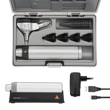 HEINE BETA 400 LED Fiber Optic Otoscope Set, BETA 4 USB Rechargeable Handle, USB cord & plug-in power supply, Hard Case. MPN: B-143.28.388