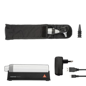 HEINE K180 LED Fiber Optic Otoscope Set: BETA K1800 LED Otoscope, BETA 4 USB Rechargeable Handle, USB Cord & Plug-In Power Supply. MPN: B-181.28.388