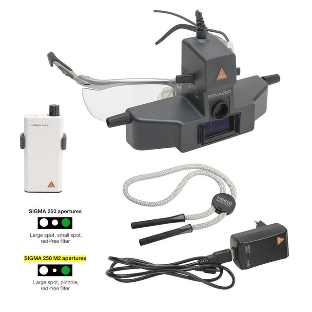 HEINE SIGMA 250 LED Indirect Ophthalmoscope M2 with MICRO SPOT APERTURE, S-FRAME, mPack Mini Battery. MPN: C-008.33.346