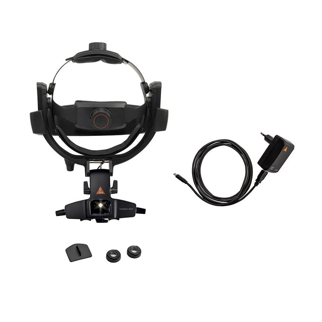 HEINE OMEGA 600 Indirect Ophthalmoscope with battery, +2 D eyepiece, E4-USBC, eyepiece 0 D, CW1 Wall Charger. MPN: C-008.33.612