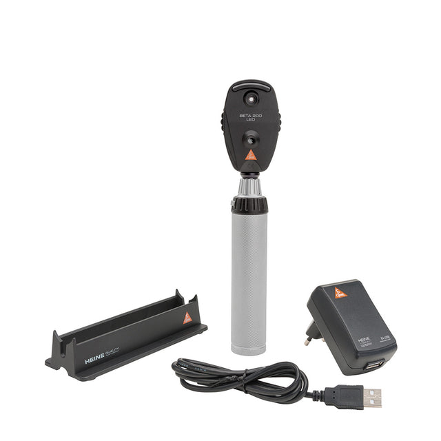 HEINE BETA 200 Ophthalmoscope Set: LED BETA 200 Ophthalmoscope, BETA4 USB Rechargeable, Handle, Plug-In Power Supply. MPN: C-011.28.388