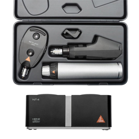 HEINE BETA 200 LED Ophthalmic Diagnostic Set: BETA 200 LED Ophthalmoscope, BETA 200 Streak Retinoscope, BETA4 NT Rechargeable Handle, NT4 Table Charger, Hard Case. MPN: C-145.24.420