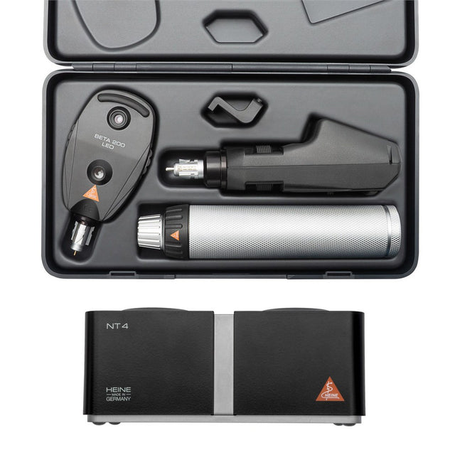 HEINE BETA 200 LED Ophthalmic Diagnostic Set: BETA 200 LED Ophthalmoscope, BETA 200 Streak Retinoscope, BETA4 NT Rechargeable Handle, NT4 Table Charger, Hard Case. MPN: C-145.24.420