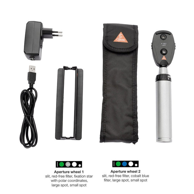 HEINE K180 Ophthalmoscope Set: K180 LED Ophthalmoscope with Aperture Wheel-2, BETA4 USB Rechargeable Handle, USB Plug-In Power Supply, Soft Pouch. MPN: C-183.28.388