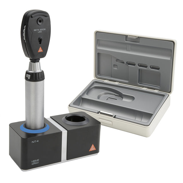 HEINE BETA 200S Ophthalmoscope Set: BETA 200S LED Ophthalmoscope, BETA4 NT Rechargeable Handle, NT4 Table Charger, Hard Case. MPN: C-261.24.420