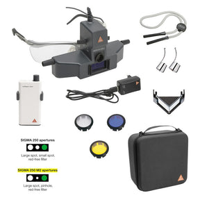 HEINE SIGMA 250 LED Indirect Ophthalmoscope M2 Set with MICRO SPOT APERTURE, S-FRAME, mPack Mini Battery, Accessories. MPN: C-279.41.671