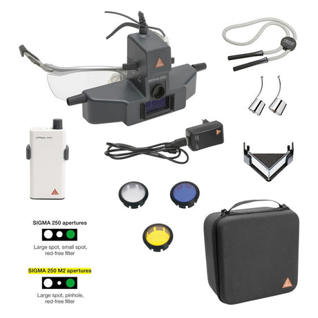 HEINE SIGMA 250 LED Indirect Ophthalmoscope M2 Set with MICRO SPOT APERTURE, S-FRAME, mPack Mini Battery, Accessories. MPN: C-279.41.671