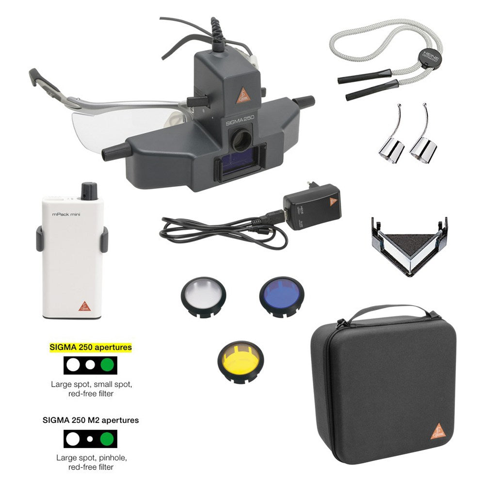 HEINE SIGMA 250 LED Indirect Ophthalmoscope Set with SMALL APERTURE, S-FRAME, mPack Mini Battery, Accessories. MPN: C-281.41.671