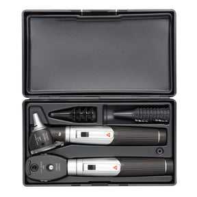 HEINE mini3000 LED Diagnostic Set: mini3000 LED Ophthalmoscope, mini3000 Fiber Optic LED Otoscope, (2) mini3000 battery handles, (4) reusable tips B-000.11.111, (10) AllSpec 4mm disposable tips, Case. MPN: D-886.11.021