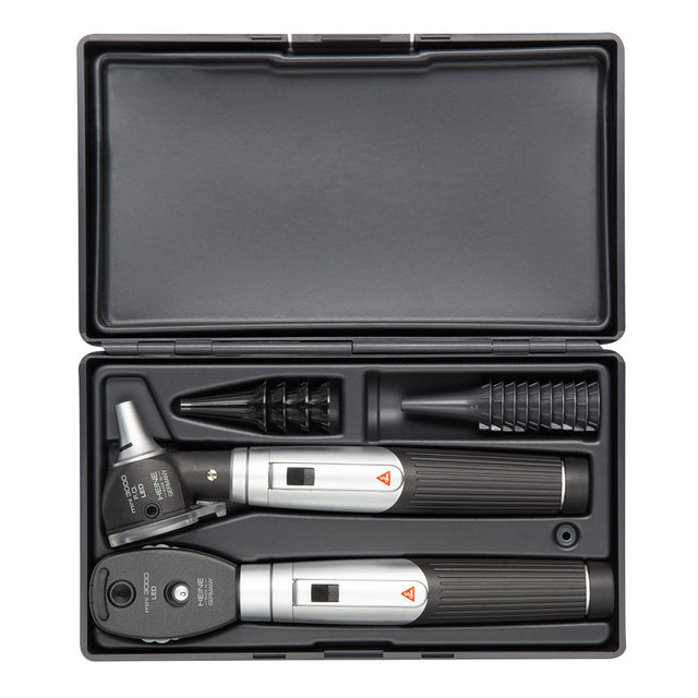 HEINE mini3000 LED Diagnostic Set: mini3000 LED Ophthalmoscope, mini3000 Fiber Optic LED Otoscope, (2) mini3000 battery handles, (4) reusable tips B-000.11.111, (10) AllSpec 4mm disposable tips, Case. MPN: D-886.11.021