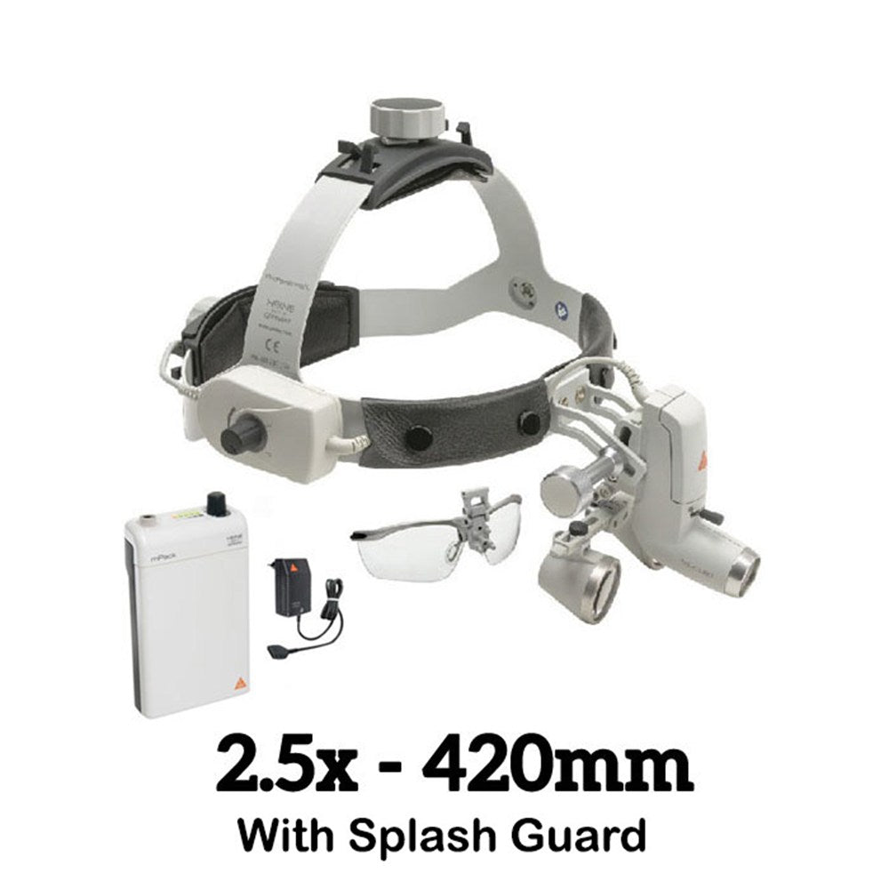 HEINE ML4 LED Headlight Kit, mPack Power Source, S-Guard, HR Binocular Loupe 2.5 x / 420mm. MPN: J-008.31.441