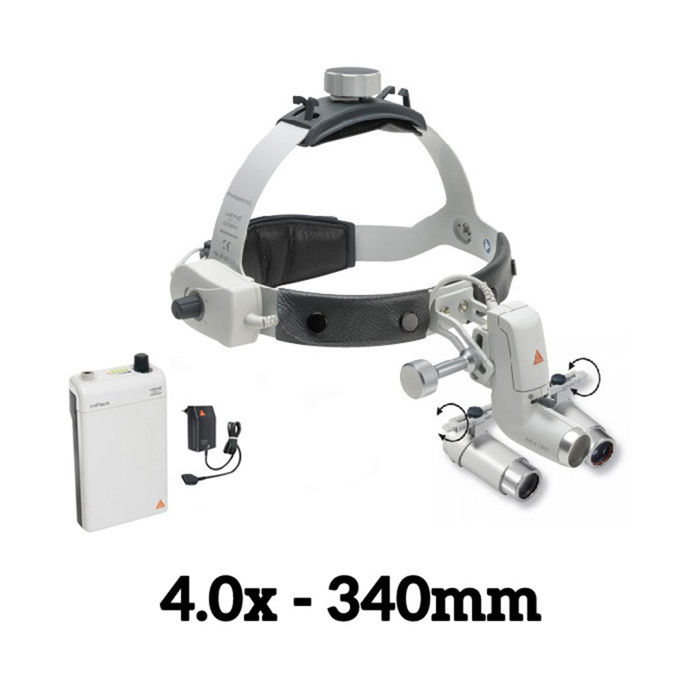 HEINE ML4 LED Headlight Kit, mPack Power Source, HRP Binocular Loupe 4.0 x / 340mm. MPN: J-008.31.456