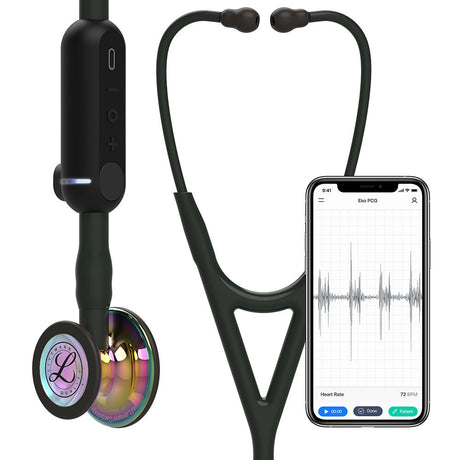 3M Littmann 8570 CORE Digital Stethoscope, High Polish Rainbow Chestpiece, Black Tube, Stem and Headset, 27". MPN: 8570