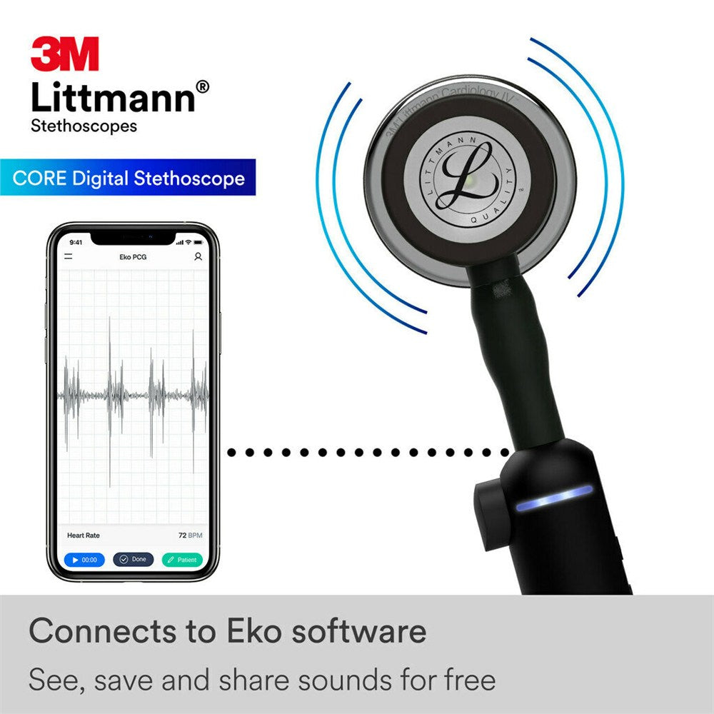 3M Littmann 8890 CORE Digital Stethoscope, Mirror Chestpiece, Black Tube, Stem and Headset, 27". MPN: 8890 - Image 4