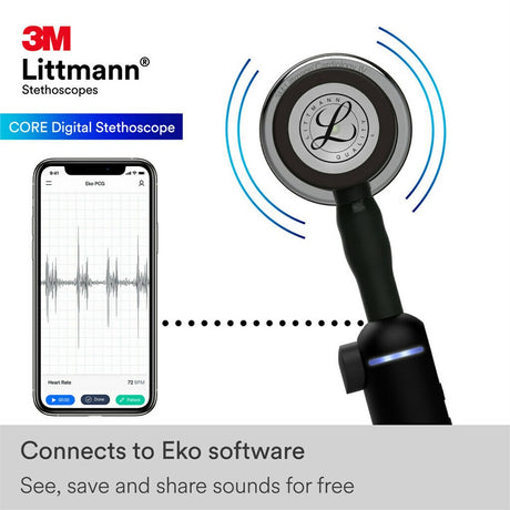 3M Littmann 8890 CORE Digital Stethoscope, Mirror Chestpiece, Black Tube, Stem and Headset, 27". MPN: 8890 - Image 4