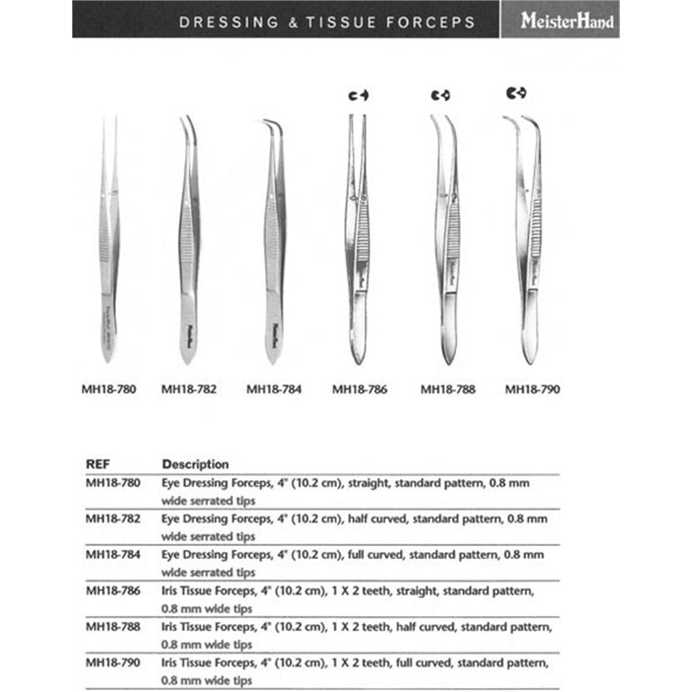 MeisterHand Iris Tissue Forceps, 4" (101mm), straight, 1 x 2 teeth, 0.8mm wide at tip, 0.8mm wide at tip. MPN: MH18-786 - Image 2