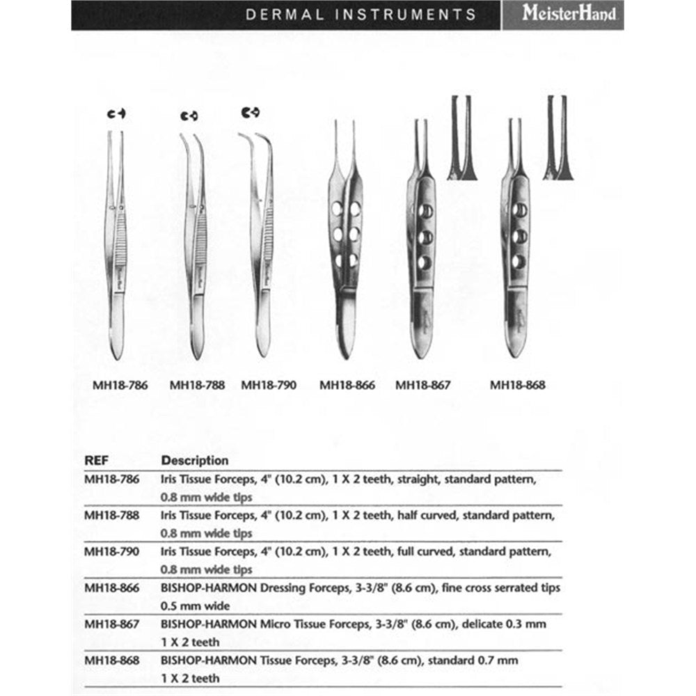 MeisterHand Iris Tissue Forceps, 4" (101mm), straight, 1 x 2 teeth, 0.8mm wide at tip, 0.8mm wide at tip. MPN: MH18-786 - Image 5