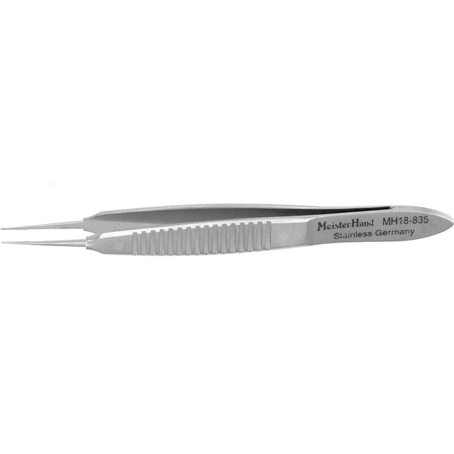 MeisterHand BONN Micro Suturing Forceps, 2-3/4" (71mm), 1 X 2 teeth, 0.3mm wide tip, with tying platform. MPN: MH18-835