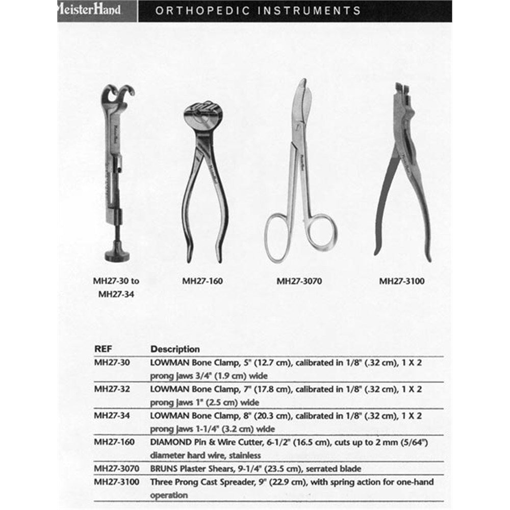 MeisterHand LOWMAN Bone Clamp, 7" (17.8 cm), calibrated in 1/8" (.32 cm), 1 X 2 prong jaws 1" (2.5 cm) wide. MPN: MH27-32 - Image 2