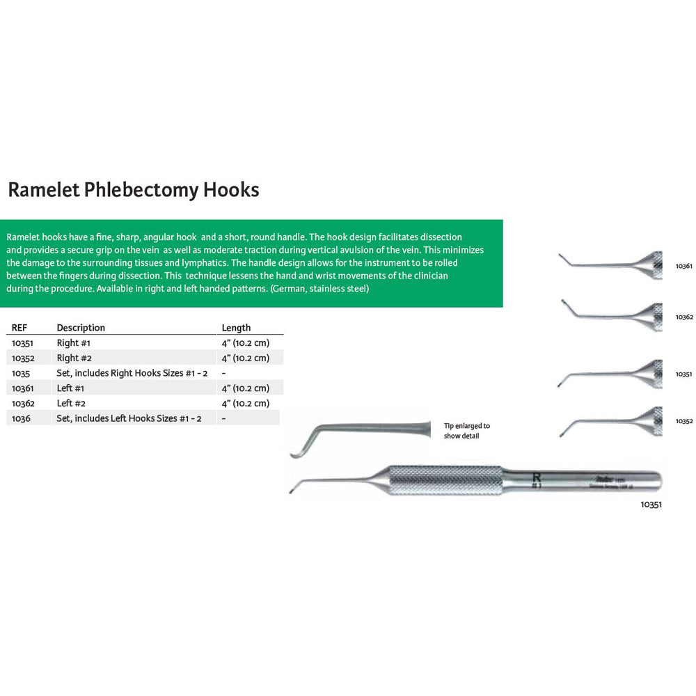 MILTEX RAMELET Phlebectomy Hook Set, Includes 2 Left Hooks, Sizes 1 - 2. MPN: 1036