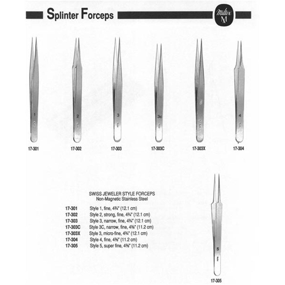 MILTEX SWISS Jeweler Style Forceps, 4-3/8" (110mm) Non-Magnetic Stainless Steel, Style 3C, Narrow, Fine Jaw. MPN: 17-303C - Image 2