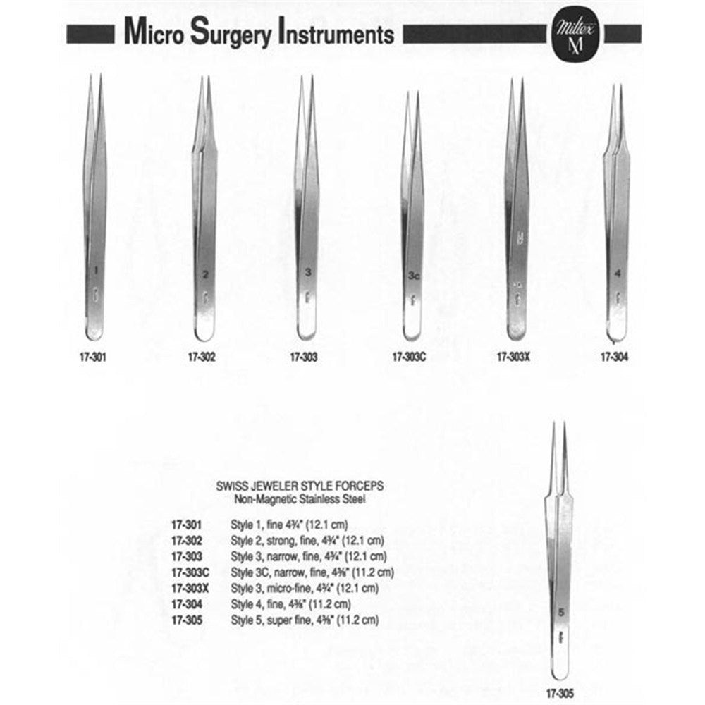 MILTEX SWISS Jeweler Style Forceps, 4-3/8" (110mm) Non-Magnetic Stainless Steel, Style 3C, Narrow, Fine Jaw. MPN: 17-303C - Image 3