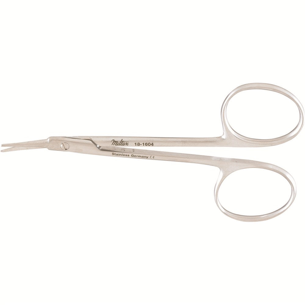 MILTEX AEBLI Corneal Scissors, 4" (10.2 cm), angled on flat, left. MPN: 18-1604