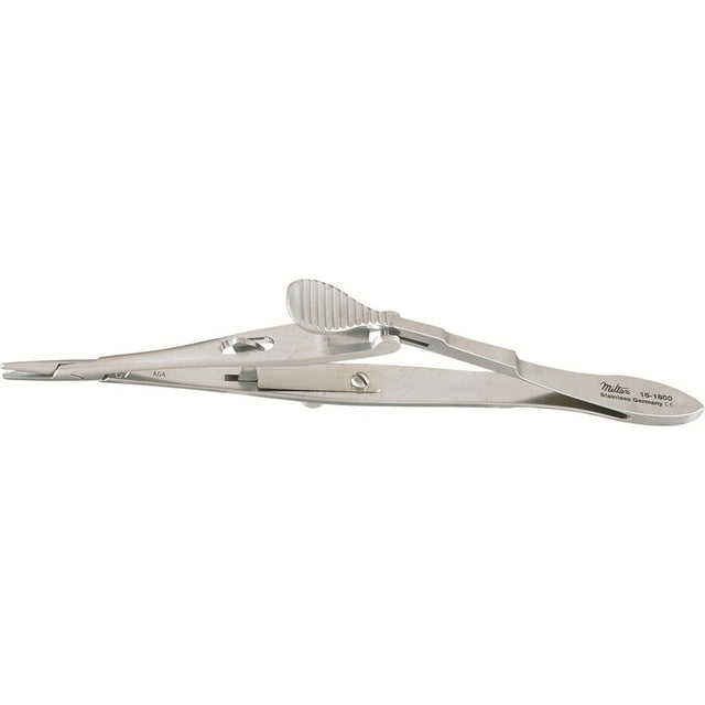 Miltex Kalt Needle Holder, 5⅜" (13.6 cm), Straight, Delicate Jaws, with Lock, Serrated Thumb Plate. MPN: 18-1800