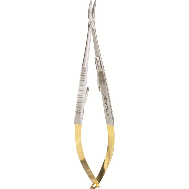 Miltex Castroviejo Needle Holder, 5½" (14 cm), Curved, Serrated Jaws, with Lock, Tungsten Carbide. MPN: 18-1832A-TC