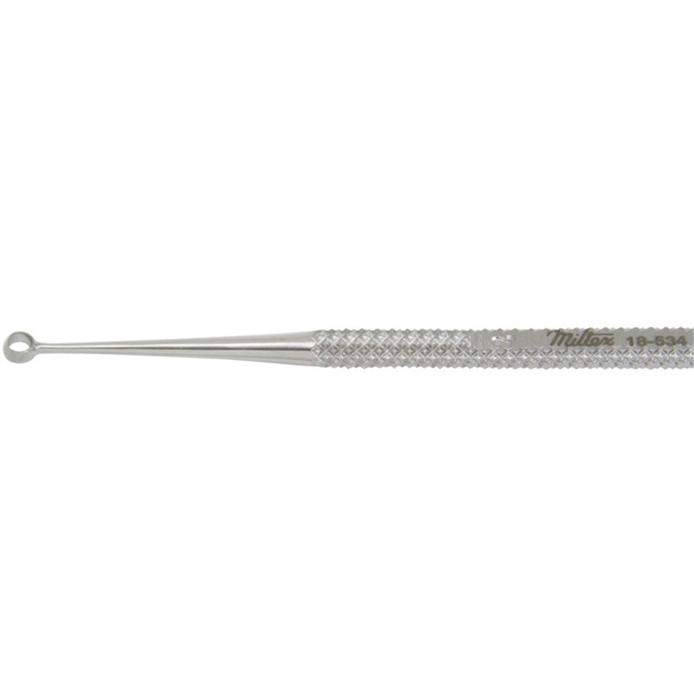 MILTEX HEATH Chalazion Curette 4-1/4" (108.3mm), size 2, one sharp & one blunt edge, 2mm diameter. MPN: 18-534