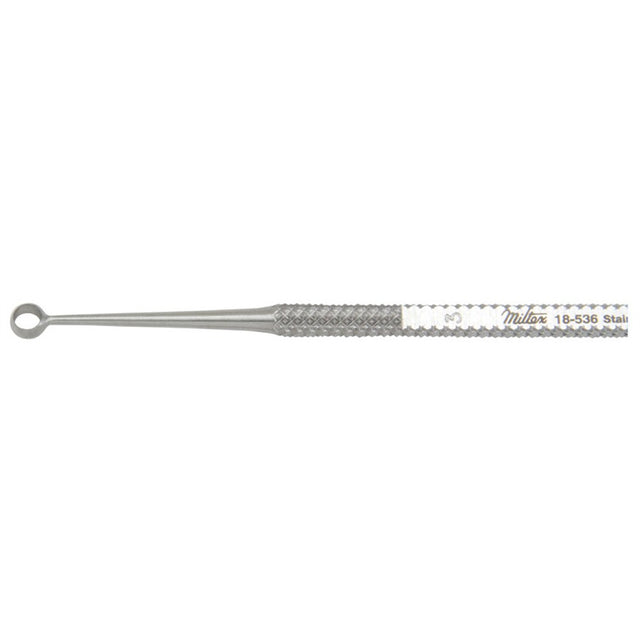 MILTEX HEATH Chalazion Curette 4-1/4" (109.3mm), size 3, one sharp & one blunt edge, 3mm diameter. MPN: 18-536