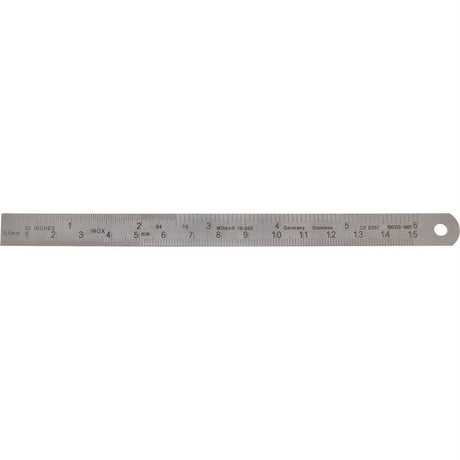 MILTEX Flexible Stainless Steel Ruler 6" (150mm) X 1/2" (13mm), graduate in fractional inches, and mm. MPN: 18-660
