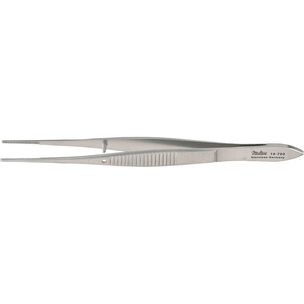 MILTEX Eye Dressing Forceps, 4" (100mm), straight, standard pattern, 0.8 mm wide serrated tips. MPN: 18-780