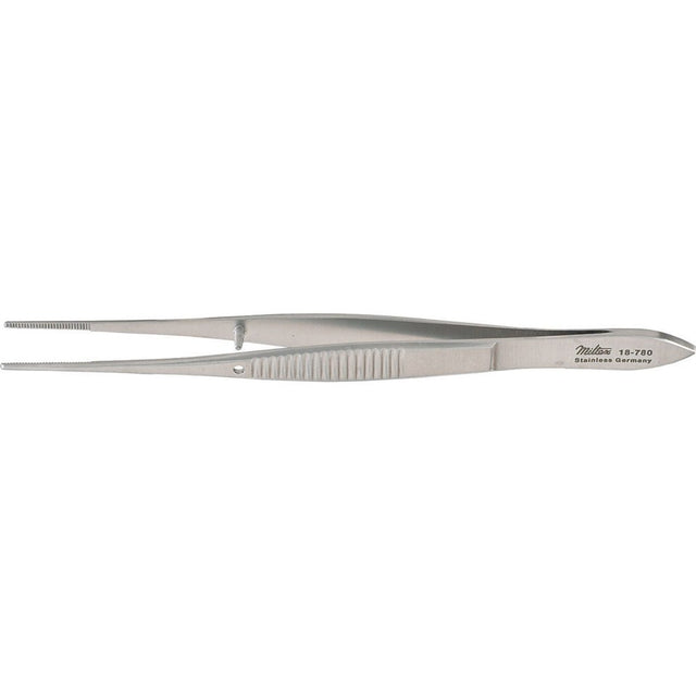 MILTEX Eye Dressing Forceps, 4" (100mm), straight, standard pattern, 0.8 mm wide serrated tips. MPN: 18-780