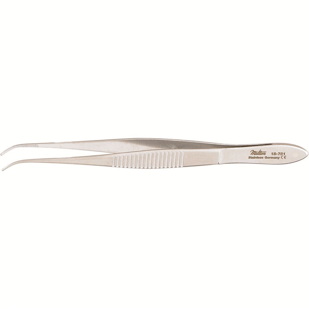 MILTEX Eye Dressing Forceps, 3-7/8" (99mm), delicate pattern, half curved, 0.55mm wide serrated tips. MPN: 18-781