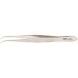 MILTEX Eye Dressing Forceps, 3-7/8" (99mm), delicate pattern, half curved, 0.55mm wide serrated tips. MPN: 18-781