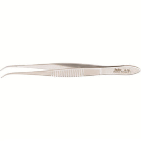 MILTEX Eye Dressing Forceps, 3-7/8" (99mm), delicate pattern, half curved, 0.55mm wide serrated tips. MPN: 18-781