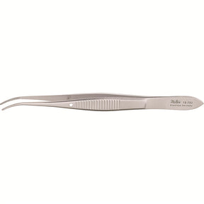 MILTEX Eye Dressing Forceps, 4" (100mm), standard pattern, half curved, 0.8mm wide serrated tips. MPN: 18-782