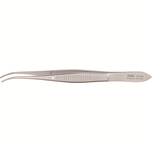 MILTEX Eye Dressing Forceps, 4" (100mm), standard pattern, half curved, 0.8mm wide serrated tips. MPN: 18-782