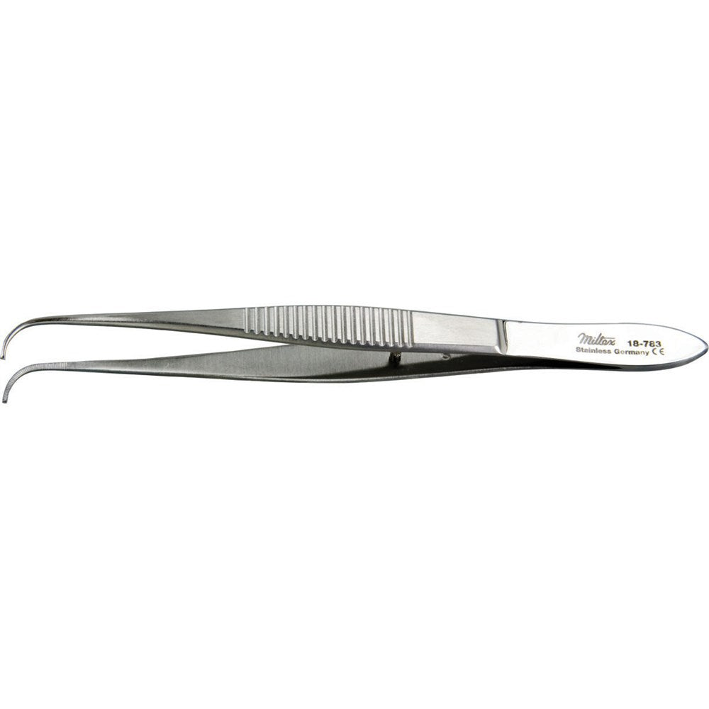 MILTEX Eye Dressing Forceps, 3-3/4" (95mm), delicate pattern, full curved, 0.55mm wide serrated tips. MPN: 18-783