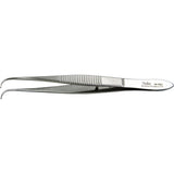 MILTEX Eye Dressing Forceps, 3-3/4" (95mm), delicate pattern, full curved, 0.55mm wide serrated tips. MPN: 18-783